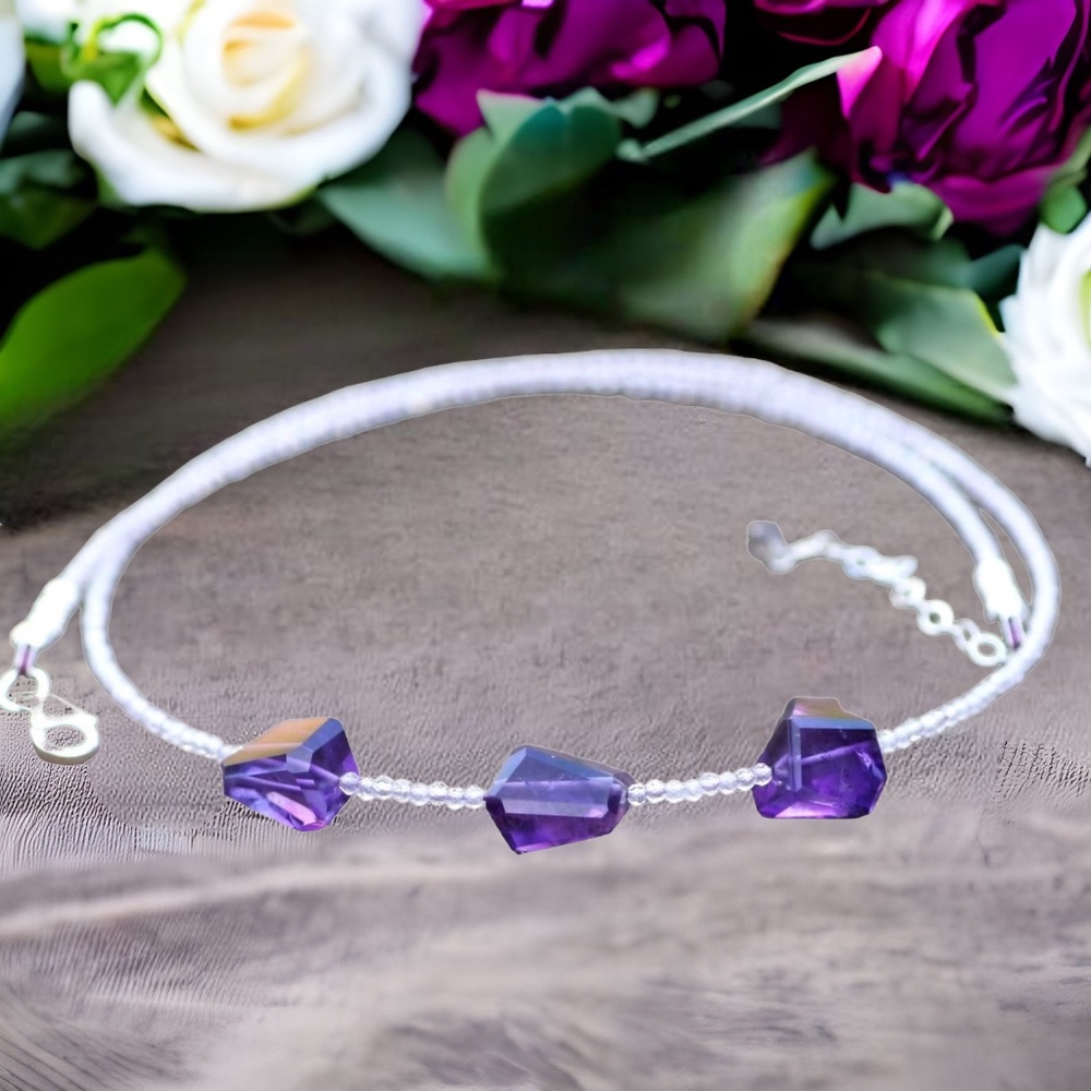 Handmade Natural Amethyst Necklace in Sterling Silver , February Birthstone